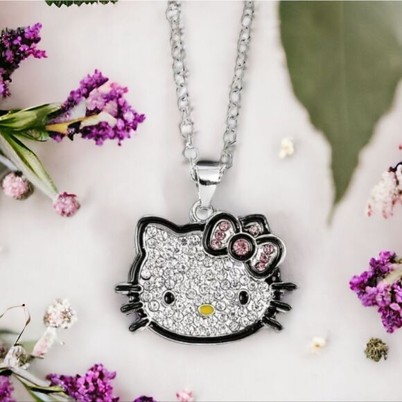 Hello Kitty Rhinestone 24" Necklace Pink Bow Cat Charm Pendant Silver Chain New - Picture 2 of 7